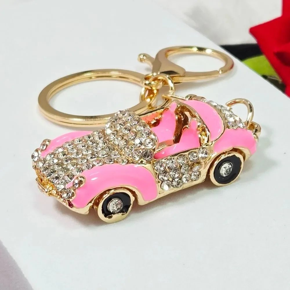 Pink Rhinestone Convertible Car Keychain Gold Bling Purse Bag Charm Car Girl